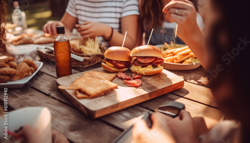 Young adults enjoying homemade burgers and fries outdoors generated by AI