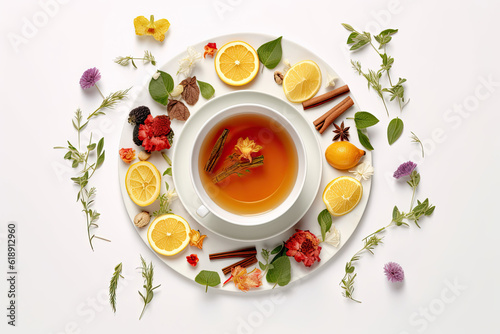 A cup of herbal tea on a white background