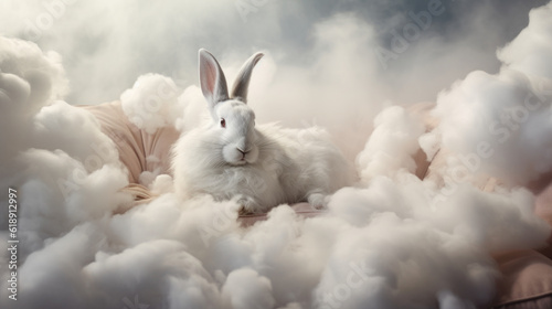white rabbit sits on pillows against the background of clouds in the sky,AI generated © Boris