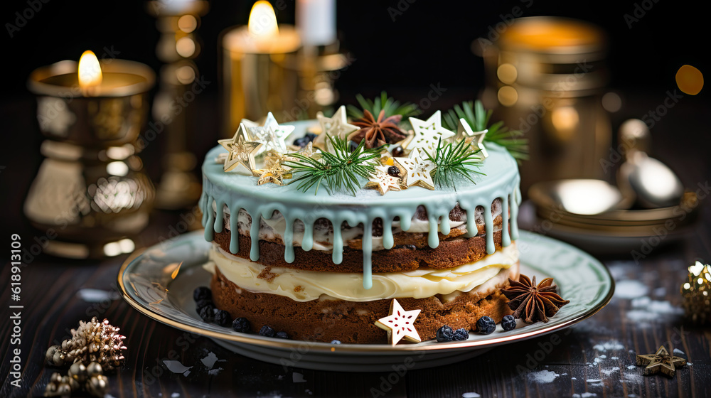Close-up of a Christmas cake with bright Christmas colours