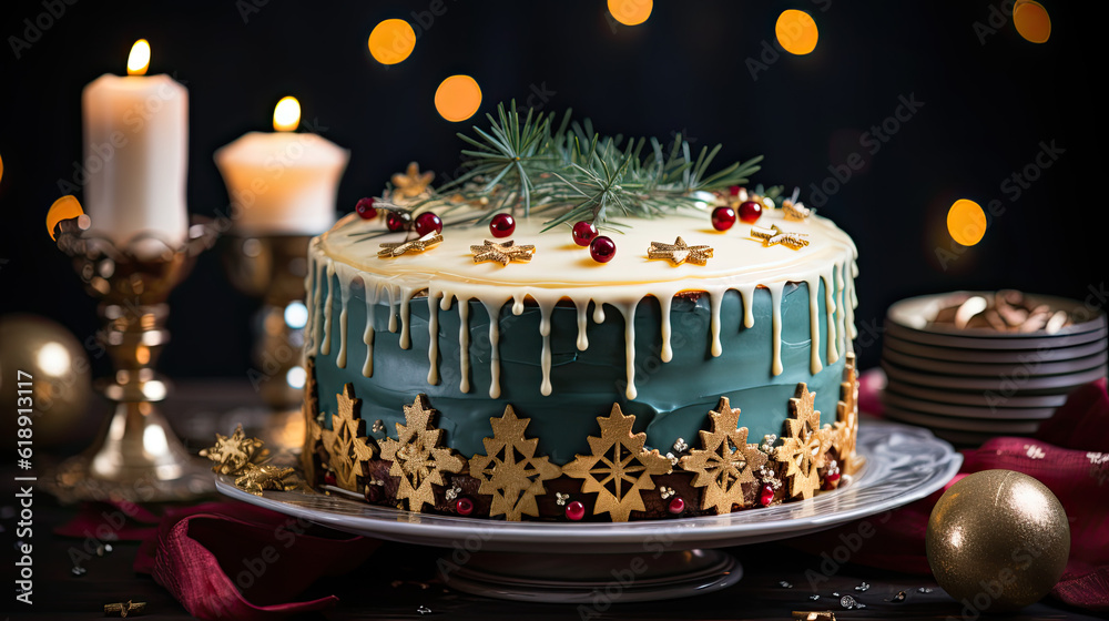 Close-up of a Christmas cake with bright Christmas colours