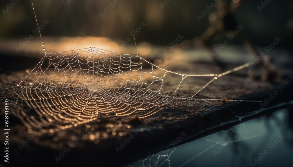 Spider web traps dew drops in autumn forest generated by AI