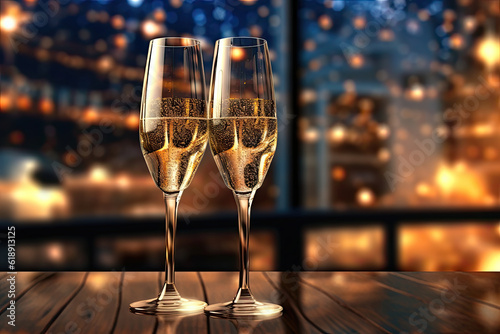 Two glasses of champagne with golden fireworks in the background