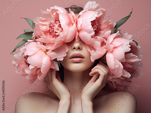 The woman is holding pink flowers in front of her face
