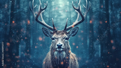 Closeup portrait of reindeer in the forest