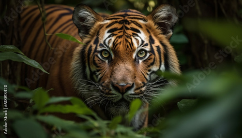 Majestic Bengal tiger staring, hiding in forest generated by AI © Jeronimo Ramos