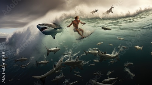 man surfing on the high seas with sharks near