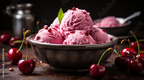 Сherry ice cream ball with fresh cherries and cherry syrup. Horizontal format for advertising, poster, banners. Photo Ai generated.