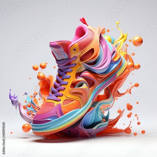 3D Colourful Sneaker Shoe Splashed with Colored Liquid on White Background. Generative ai