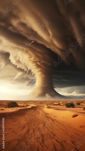 Huge Tornado Hits the Desert Landscape with Great Force. Generative ai