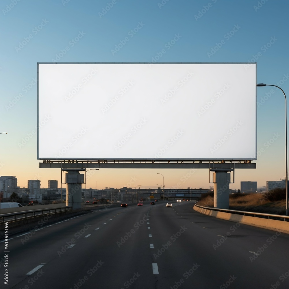 Blank White Billboard in the Middle of the Highway. Generative ai Blank White Billboard in the Middle of the Highway. Generative ai