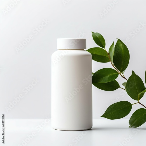 Blank Supplement Bottle, on a Clean White Background with Leaf Behind. Generative ai © Scrudje