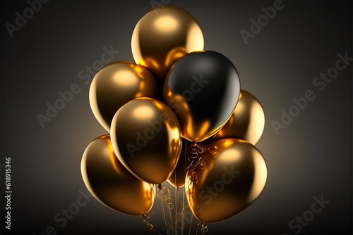 a bunch of black and gold balloons in the shape of a pyramid on a black background with a gold ribbon around the bottom of the balloon is a black balloon with a gold ribbon on.