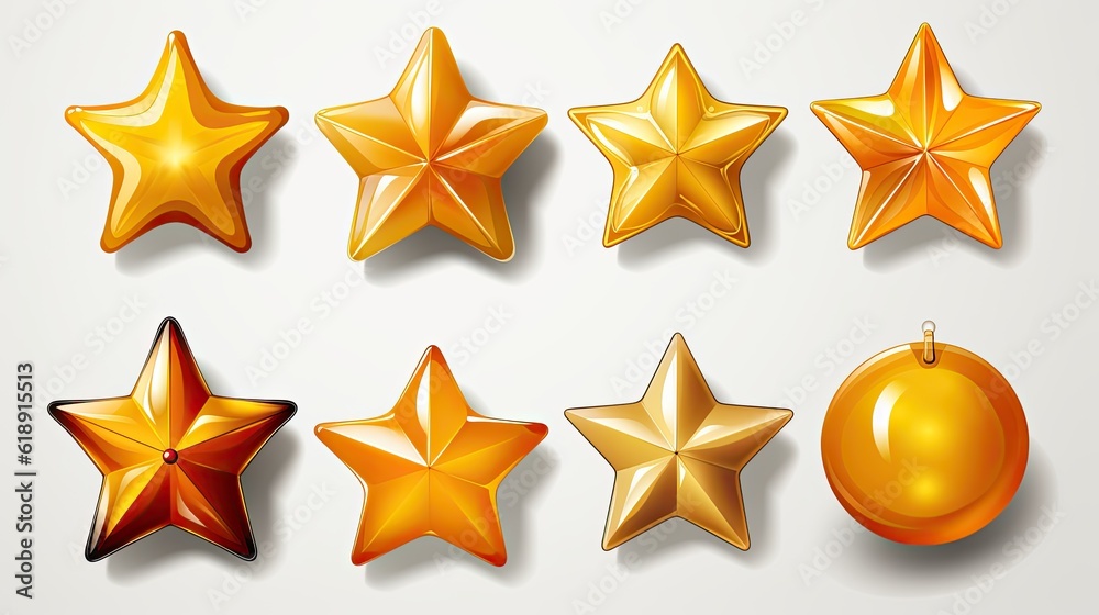 Set of yellow stars different shapes. Five stars glossy golden star award Set of yellow stars different shapes. Five stars glossy golden star award