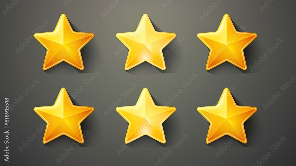 Set of yellow stars different shapes. Five stars glossy golden star award Set of yellow stars different shapes. Five stars glossy golden star award