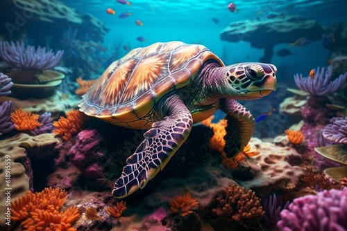 Beautiful turtle under sea water. AI generated  human enhanced.