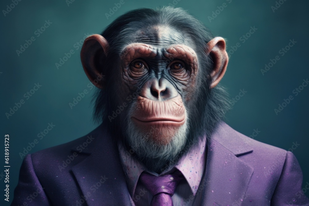 Anthropomorphic chimp dressed in a suit like a businessman. business concept. AI generated, human enhanced