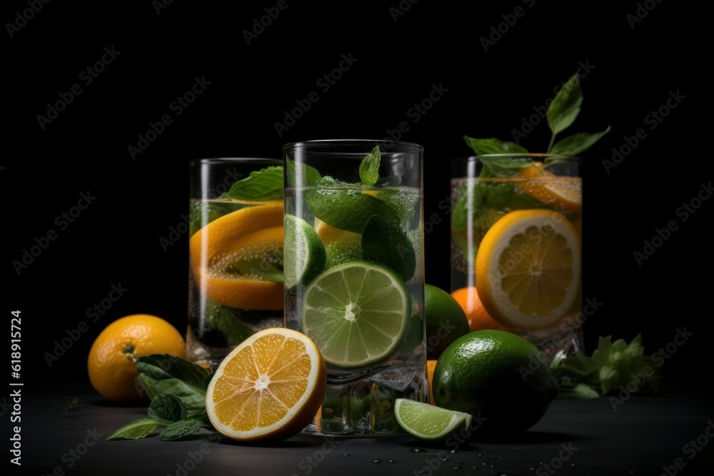 Summer healthy lemonade, cocktails of citrus infused water or mojitos. AI generated, human enhanced Summer healthy lemonade, cocktails of citrus infused water or mojitos. AI generated, human enhanced