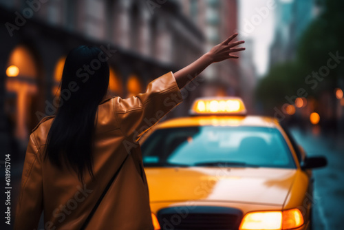 Foto A woman hails a taxi on the street. AI generated, human enhanced