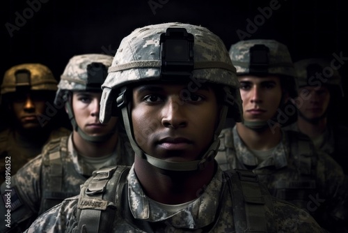 Portrait of an American soldier in the ranks with selective focus. AI generated, human enhanced