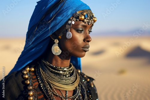 Tuareg woman in authentic national blue dress. Background with selective focus. AI generated, human enhanced