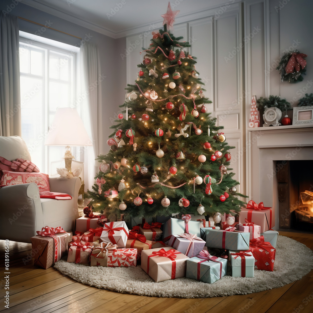 Decorated Christmas tree with gifts in the living room. 3d render (ai generated)