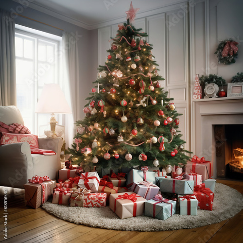 Decorated Christmas tree with gifts in the living room. 3d render  ai generated 