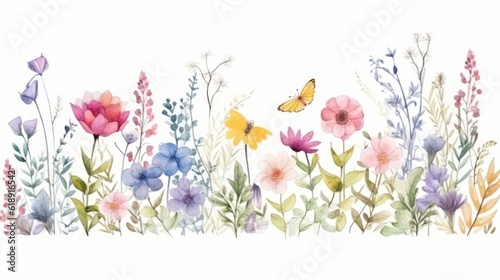 Cute watercolor floral border. Illustration AI Generative.