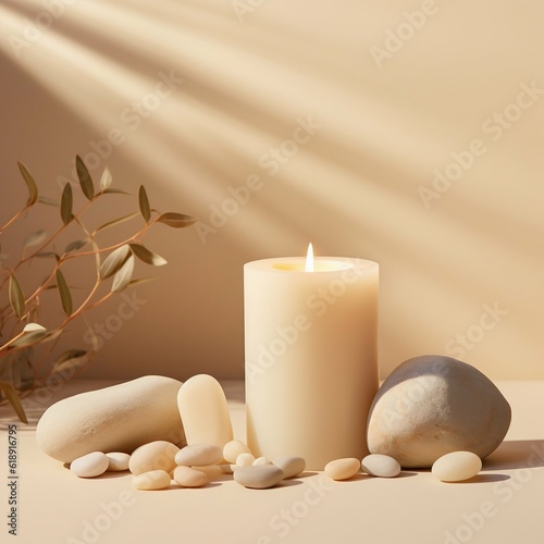 White Candle on a Clean Light Beige Minimal Background with Stones. Generative ai