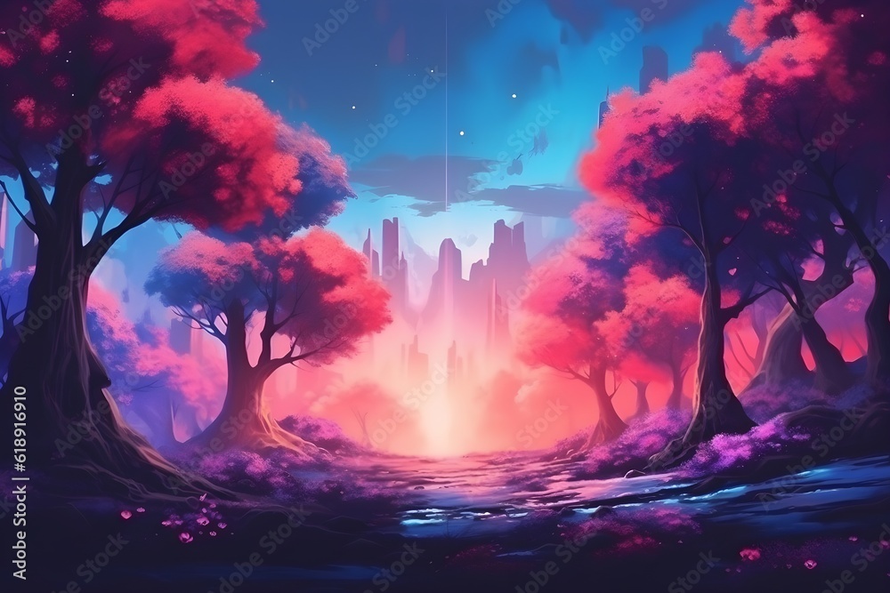 Beautiful forest landscape with a sunset in a synthwave style. Beautiful colorful forest painting.  Synthwave Wallpaper/Background 