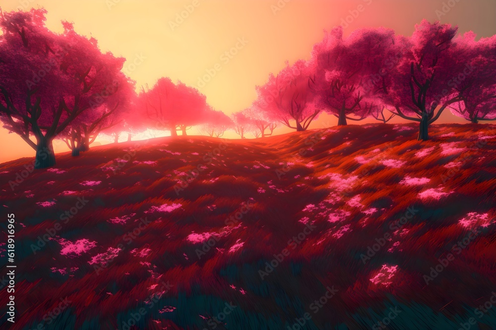 Beautiful forest landscape with a sunset in a synthwave style. Beautiful colorful forest painting. Synthwave Wallpaper/Background Beautiful forest landscape with a sunset in a synthwave style. Beautiful colorful forest painting. Synthwave Wallpaper/Background