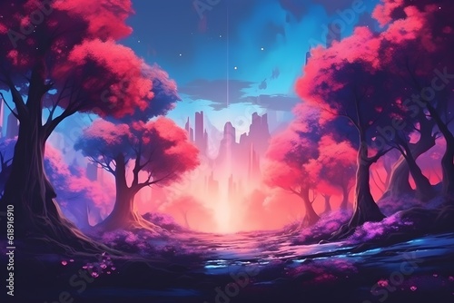 Beautiful forest landscape with a sunset in a synthwave style. Beautiful colorful forest painting. Synthwave Wallpaper/Background 