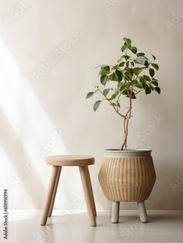 Plant hanging basket on stool  Illustration AI Generative.