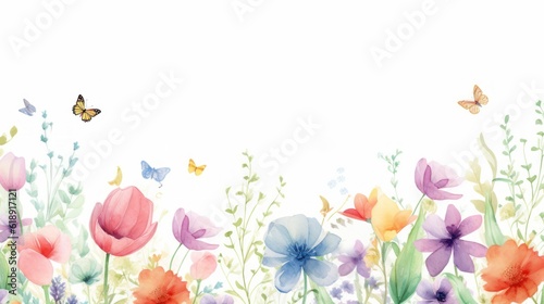 Cute watercolor floral border. Illustration AI Generative.