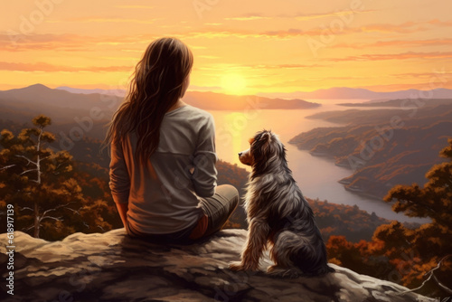 Woman with dog sitting on cliff near lake and looking at sunset with mountain ranges. Female traveler hiking with pet. Spending time with domestic animal, pet care. Created with Generative AI