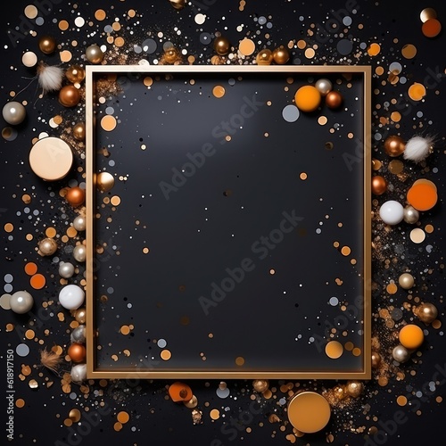 Black frame with confetti. Illustration AI Generative.