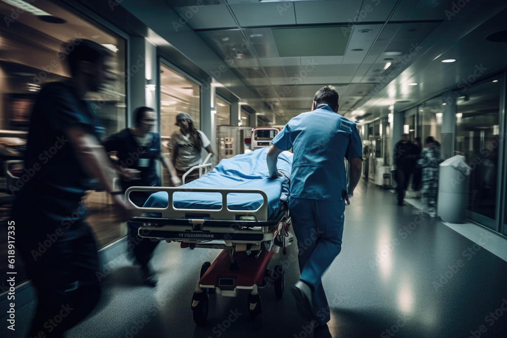 Hospital emergency team rush patient on gurney to the operating theater. Corridor in medical clinic with working doctors, motion blur effect. Created with Generative AI