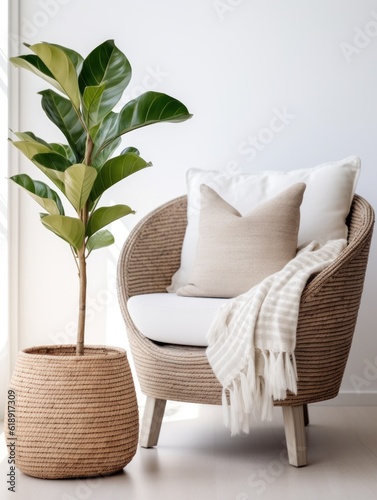 Plant hanging basket on stool  Illustration AI Generative.