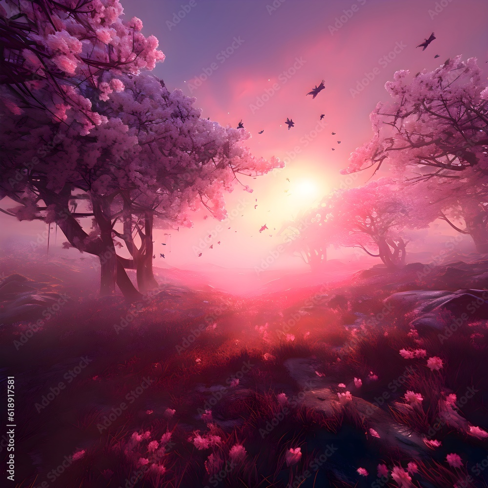 Enchanting Blossom Forest. Pink forest background. Field of cherry blossoms.