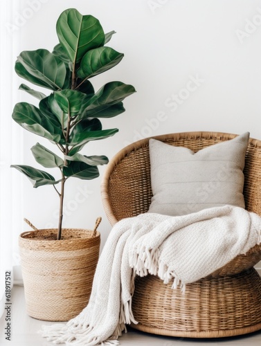 Plant hanging basket on stool  Illustration AI Generative.