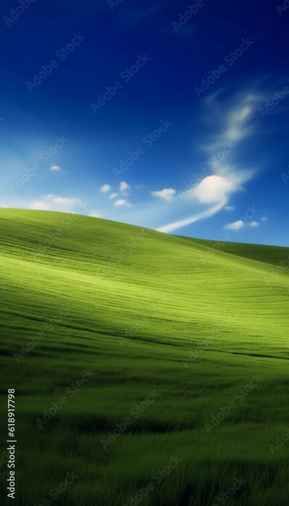 Green Grass Hills and Clear Blue Sky Background. Generative ai