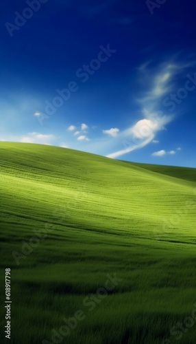 Green Grass Hills and Clear Blue Sky Background. Generative ai