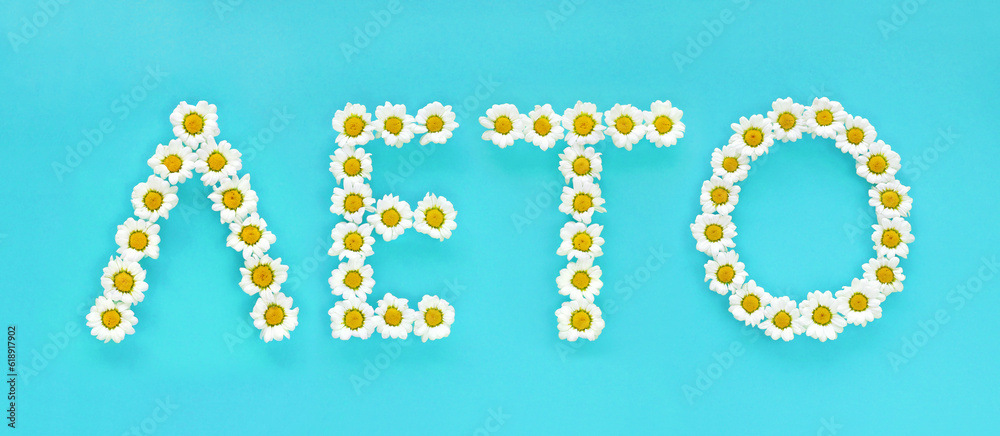 The word Summer in the Russian language, cyrillic letters made of daisies on a bright light blue background. Small white chrysanthemums look like chamomiles. Hello summer concept.
