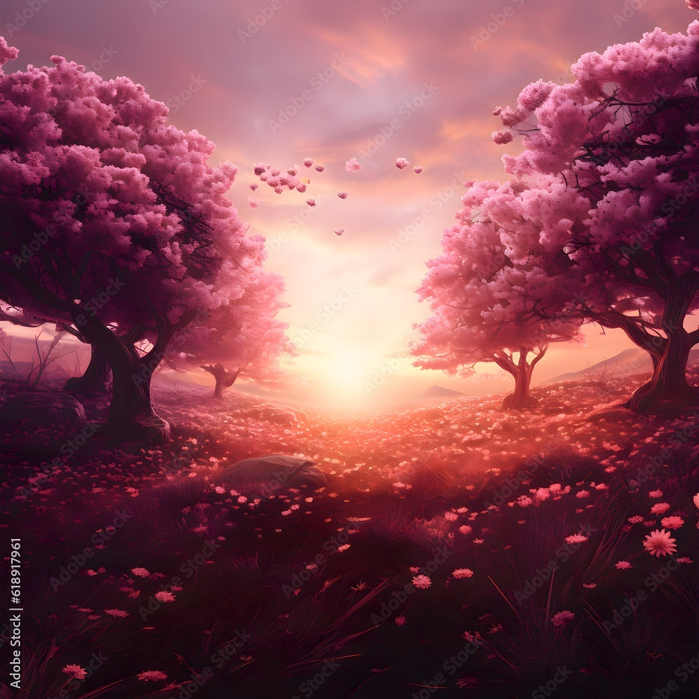 Enchanting Blossom Forest. Pink forest background. Field of cherry blossoms. Foggy forest wallpaper