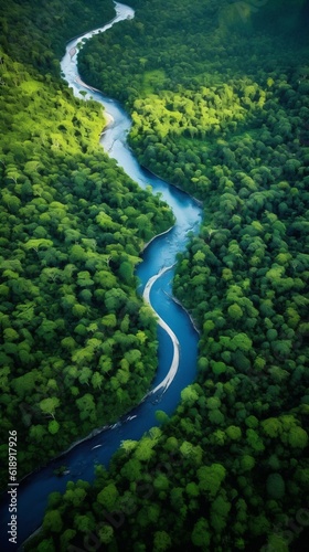 Aerial View of a Meandering River Through a Lush Green Forest. Generative ai
