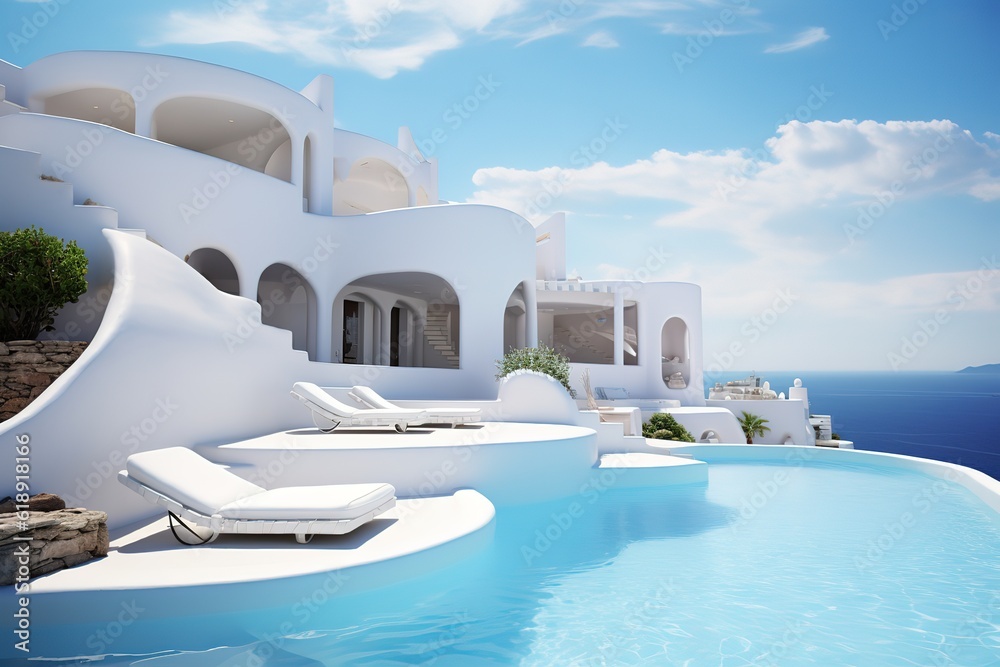 Santorini style luxury villa mediterranean white house, swimming pool, Luxury modern estate property on hill with stunning sea view, Summer vacation, tourism, generative ai.