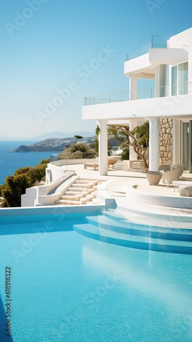 Santorini style luxury villa mediterranean white house, swimming pool, Luxury modern estate property on hill with stunning sea view, Summer vacation, tourism, generative ai. © Jim1786