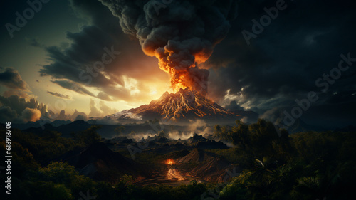 Landscape with a volcano and burning lava