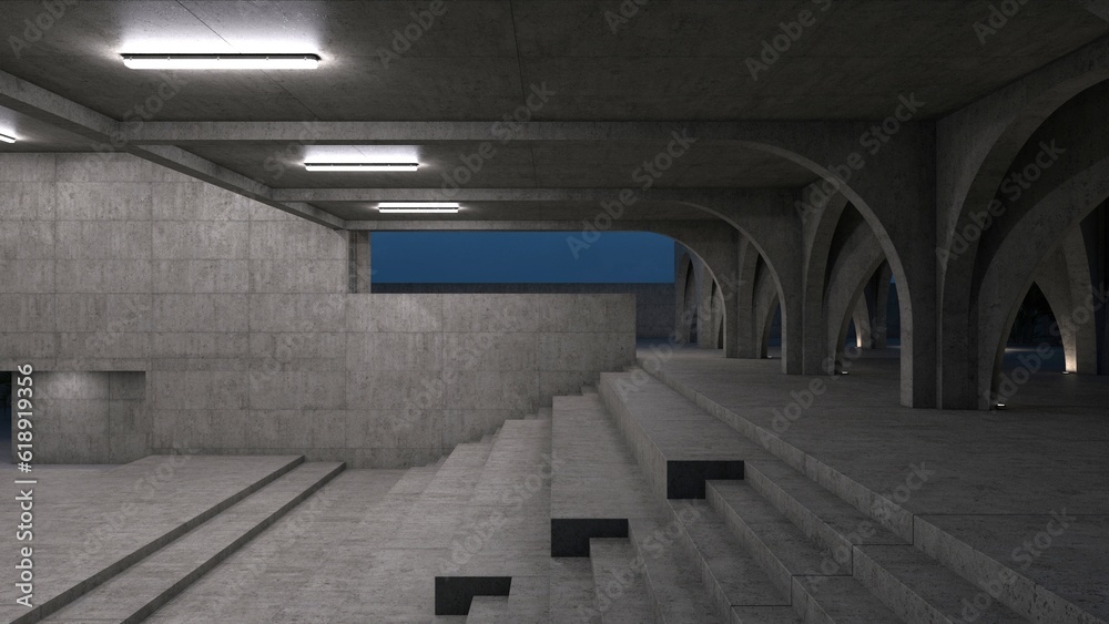 Photorealistic 3D illustration of brutalist architecture style at night. Minimalistic construction. Severity. Concrete stairs, arches, huge empty space. Glowing white lights.