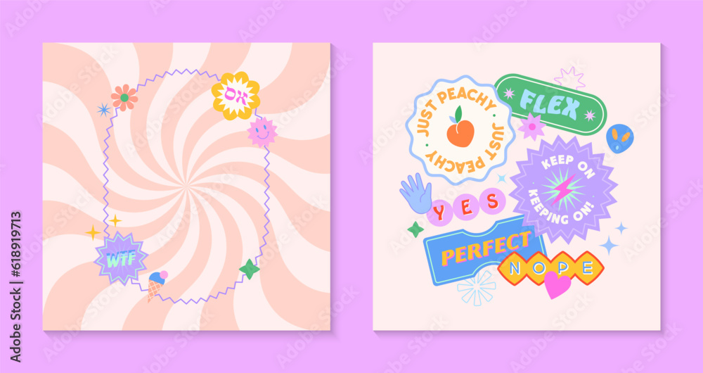 Vector templates with patches and stickers in 90s style.Modern emblems in y2k aesthetic with spiral background.Trendy funky designs for banners,social media marketing,branding,packaging,covers